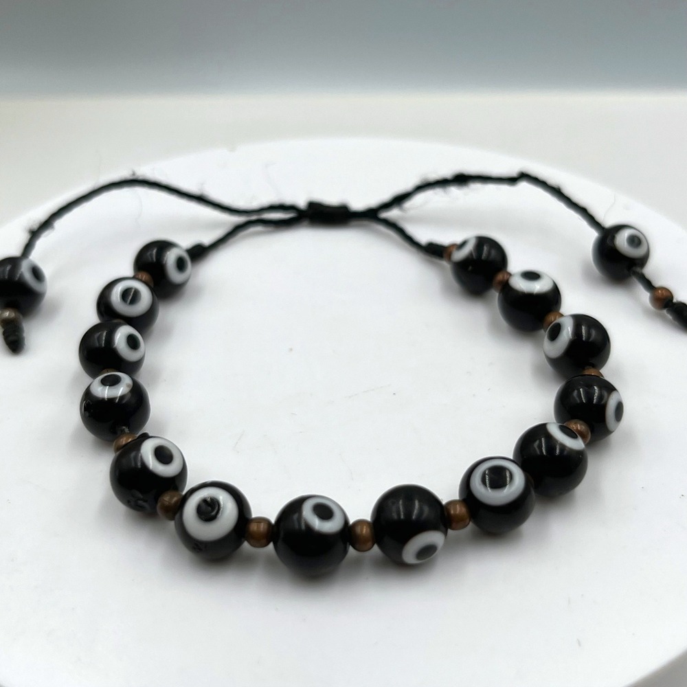 Vintage Black Evil Eye Bead Cord Bracelet Glass Beads Minimalist Boho Protection